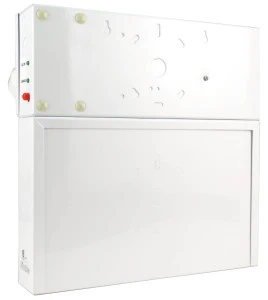 Combo LED emergency exit sign with green Running Man and 2 spotlights, steel casing, with back-up battery