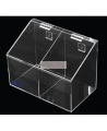 Clear acrylic hairnet dispenser with 2 bins and slanted hinged lid, for wall mounting or table mounting.