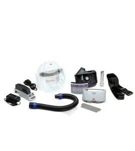 3M complete Versaflo powered air purifying respirator (PAPR) kit for pharmaceutical and health facilities. Head cover facepiece.