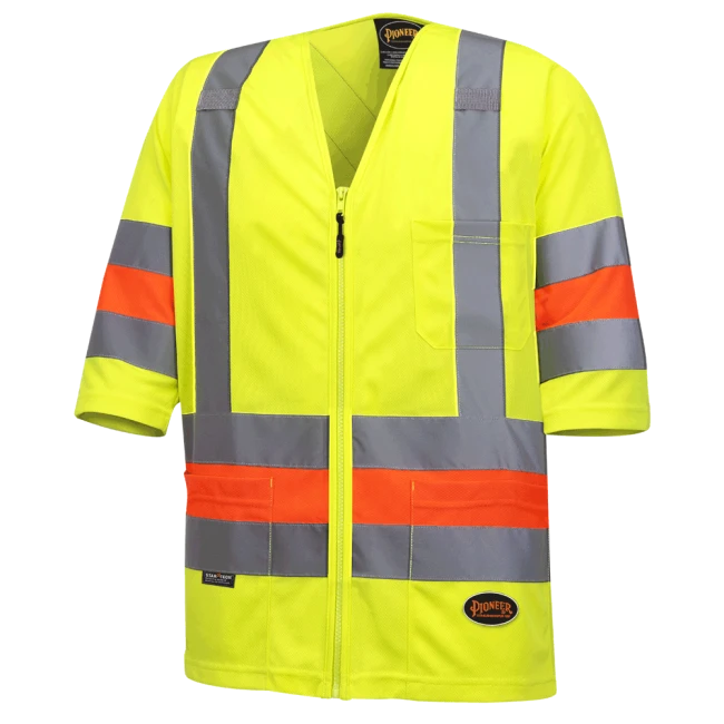 High-visibility shirt for roadwork flaggers, compliant with new Transports Québec regulation. 