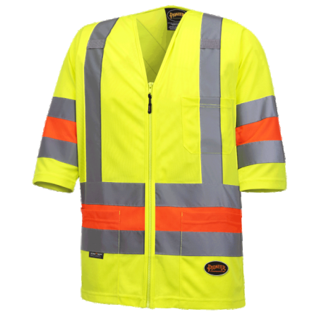 High-visibility shirt for roadwork flaggers, compliant with new Transports Québec regulation. 