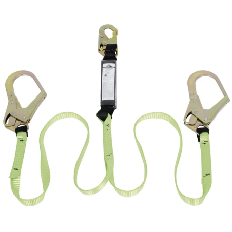 Peakworks Y-lanyard with 2 energy absorbing inner cores, a strong polyester webbing and two scaffold hooks, 110-220 lb.