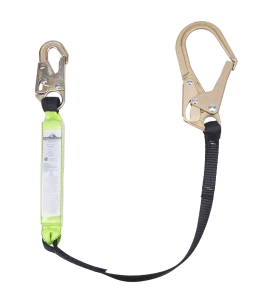 Peakworks polyester web lanyard with a Shock Pack energy absorber and a rebar hook, 200-350 lb