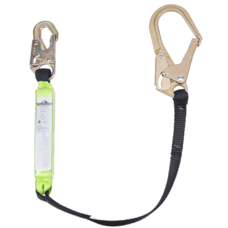 Peakworks polyester web lanyard with a Shock Pack energy absorber and a rebar hook, 200-350 lb