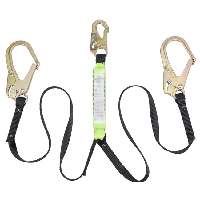 Longe en «Y» par Peakworks avec cordon amortisseur et 2 mousquetons pour échafaudage, 200-350 lb Longe en «Y» par Peakworks avec cordon amortisseur et 2 mousquetons pour échafaudage, 200-350 lb