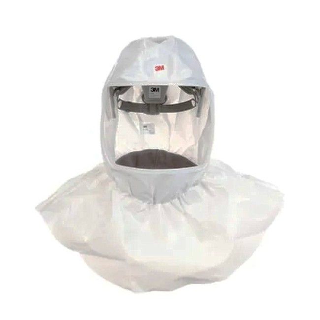 3M white S-series hood for respiratory protection systems in pharmaceutical facilities. One-size-fits-all.