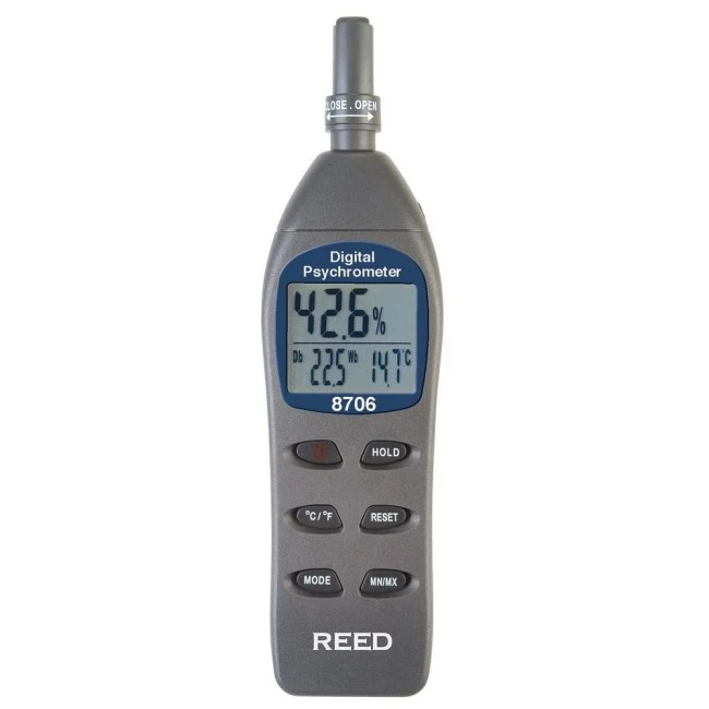 Digital Psychrometer, measures relative humidity, air temperature.