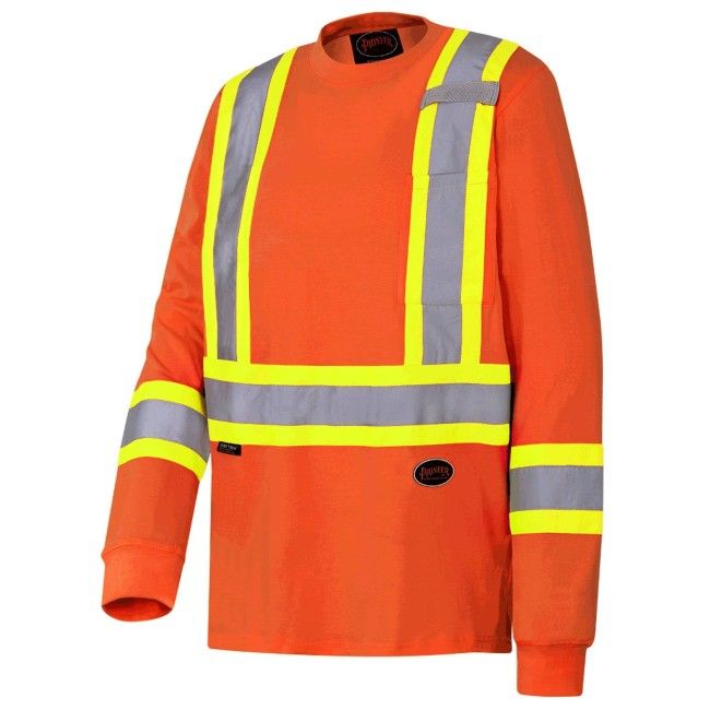 Chandail haute visibilité à manches longues, orange fluo avec bandes réfléchissantes, taille large (L). Chandail haute visibilité à manches longues, orange fluo avec bandes réfléchissantes, taille large (L).