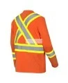 High visibility long-sleeved shirt, neon orange with reflective stripes.