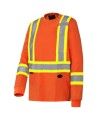 High visibility long-sleeved shirt, neon orange with reflective stripes.
