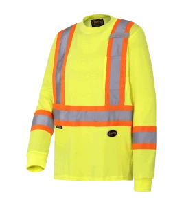High visibility long-sleeved shirt, neon yellow with grey reflective stripes