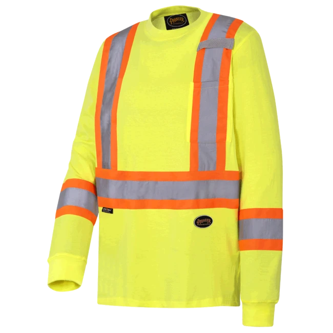 Chandail haute visibilité à manches longues, jaune fluo avec bandes réfléchissantes.