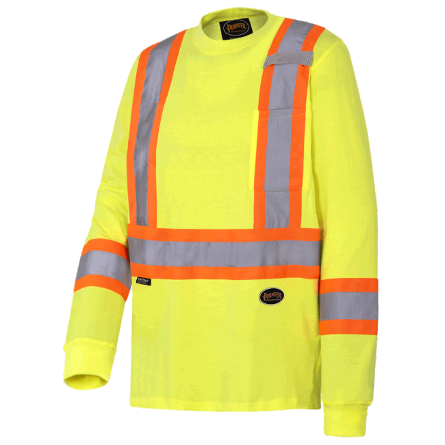 High visibility long-sleeved shirt, neon yellow with grey reflective stripes High visibility long-sleeved shirt, neon yellow with grey reflective stripes