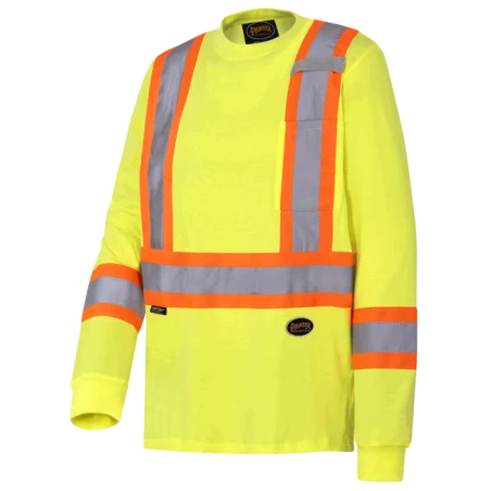 High visibility long-sleeved shirt, neon yellow with grey reflective stripes