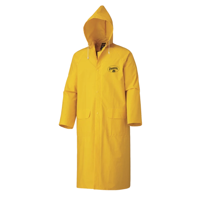 Manteau de pluie en PVC jaune 48 po. de long résistant à la flamme. Manteau de pluie en PVC jaune 48 po. de long résistant à la flamme.