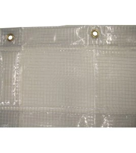 13 mil thick vinyl reinforced with polyester thread installed in a mesh, flame, oil and acid resistant.