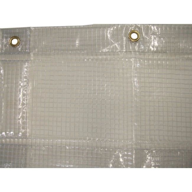 13 mil thick vinyl reinforced with polyester thread installed in a mesh, flame, oil and acid resistant.