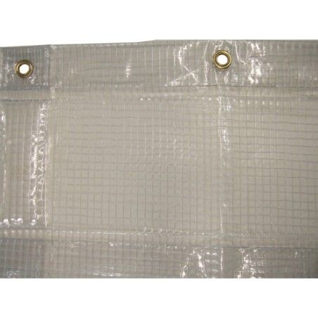 13 mil thick vinyl reinforced with polyester thread installed in a mesh, flame, oil and acid resistant.