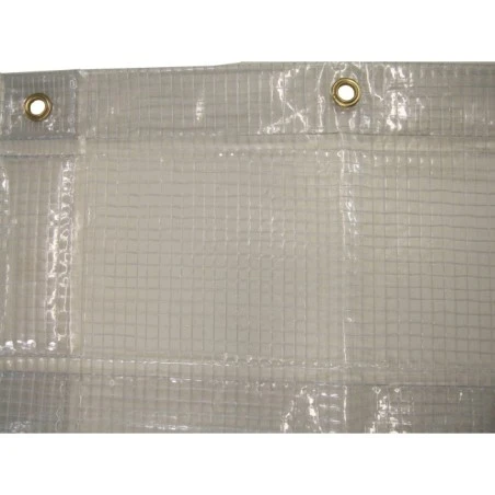 13 mil thick vinyl reinforced with polyester thread installed in a mesh, flame, oil and acid resistant.