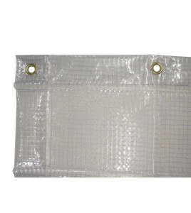 13 mil thick vinyl reinforced with polyester thread installed in a mesh, flame, oil and acid resistant.