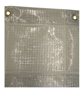 13 mil thick vinyl reinforced with polyester thread installed in a mesh, flame, oil and acid resistant.