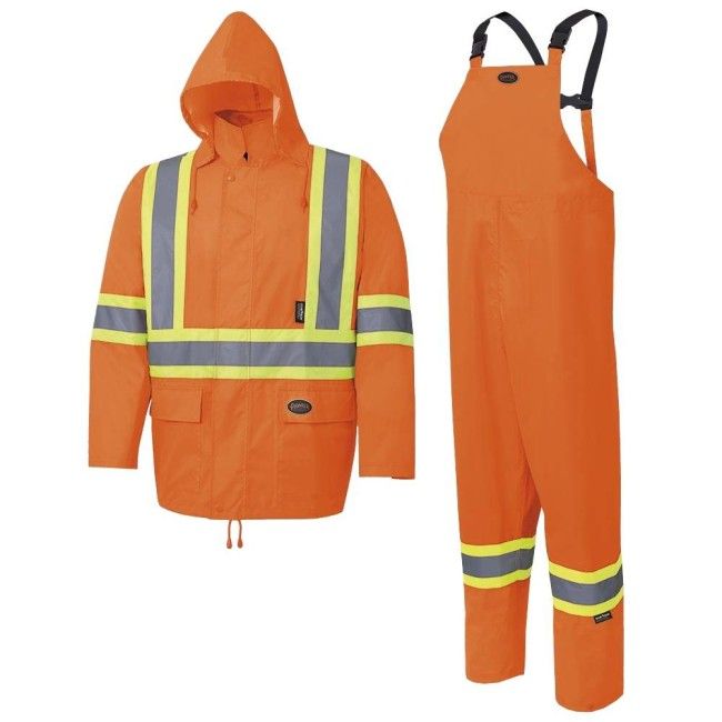Ensemble imperméable orange haute visibilité de tissage Oxford 150D et polyuréthane, vendu par ensemble grandeurs S à 5XL Ensemble imperméable orange haute visibilité de tissage Oxford 150D et polyuréthane, vendu par ensemble grandeurs S à 5XL
