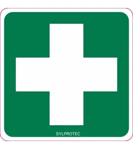 Affiche de premiers soins arborant une croix en vinyle autocollant pour une identifier les trousses d’urgence