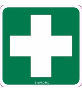 Self-adhesive vinyl cross sign for custom-made first aid signage on kits