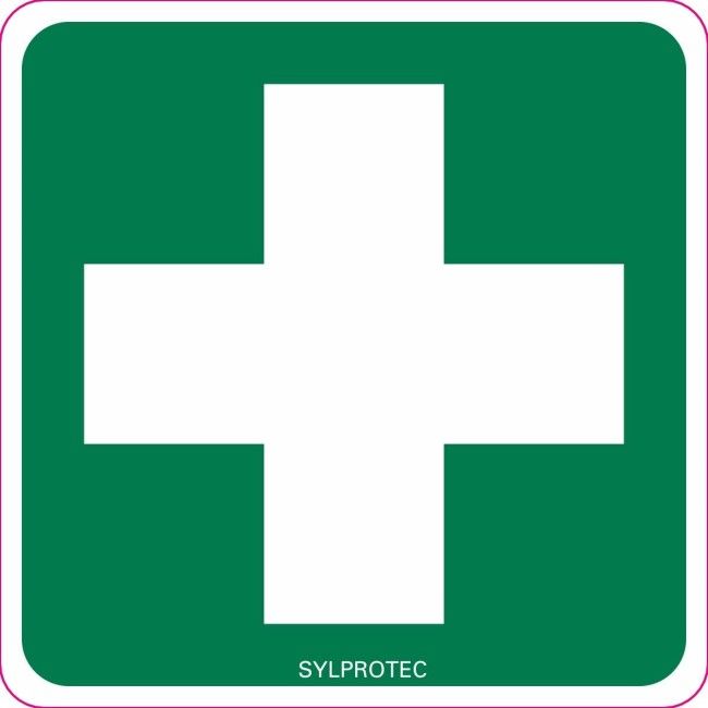Affiche de premiers soins arborant une croix en vinyle autocollant pour une identifier les trousses d’urgence