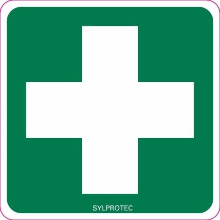 Affiche de premiers soins arborant une croix en vinyle autocollant pour une identifier les trousses d’urgence