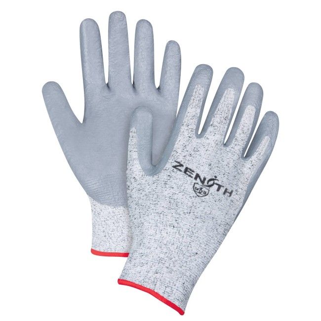 Zenith gray cut proof economy glove, HPPE 13 gauges knit coated with porous nitrile, sold by the pair, sizes 7 to 11 Zenith gray cut proof economy glove, HPPE 13 gauges knit coated with porous nitrile, sold by the pair, sizes 7 to 11