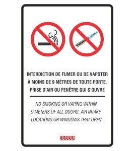 Affiche bilingue « Interdiction de fumer ou de vapoter à moins de 9 mètres » disponible en deux matériels. 