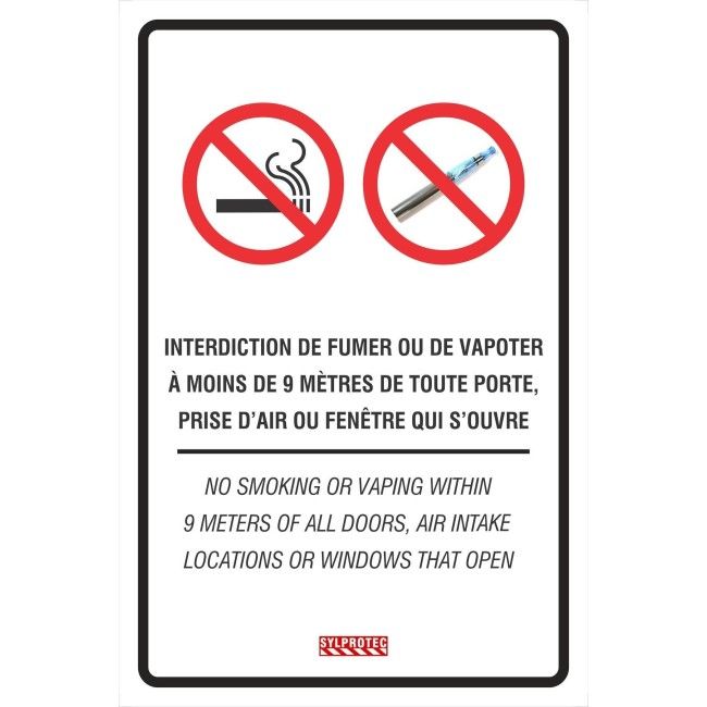 Affiche bilingue  Interdiction de fumer ou de vapoter  moins de 9 m |  Sylprotec.com