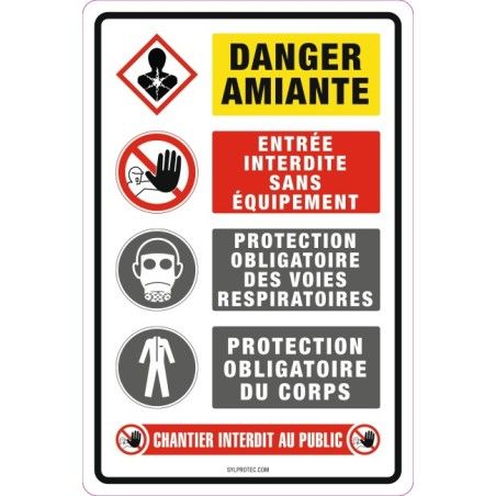 Affiche « Danger amiante, entrée interdite sans équipement… » en français: langues, formats & matériaux divers + options