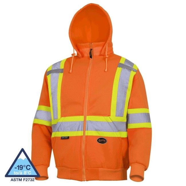 Men's orange Pioneer fleece hoodie made of 10.5 oz high-visibility polyester, sold individually Men's orange Pioneer fleece hoodie made of 10.5 oz high-visibility polyester, sold individually