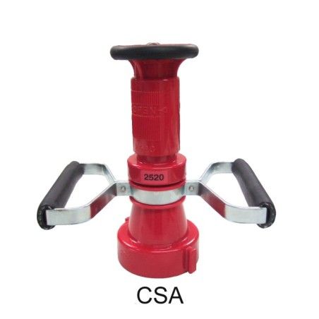 Polycarbonate spray nozzle with handle for 2.5" hose, CSA Ontario thread, fog stream, full stream or complete shut-off