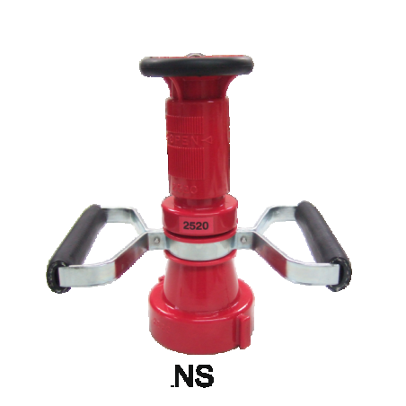 Polycarbonate spray nozzle with handle for 2.5" hose, NS (N-Scotia) thread, fog stream, full stream or complete shut-off