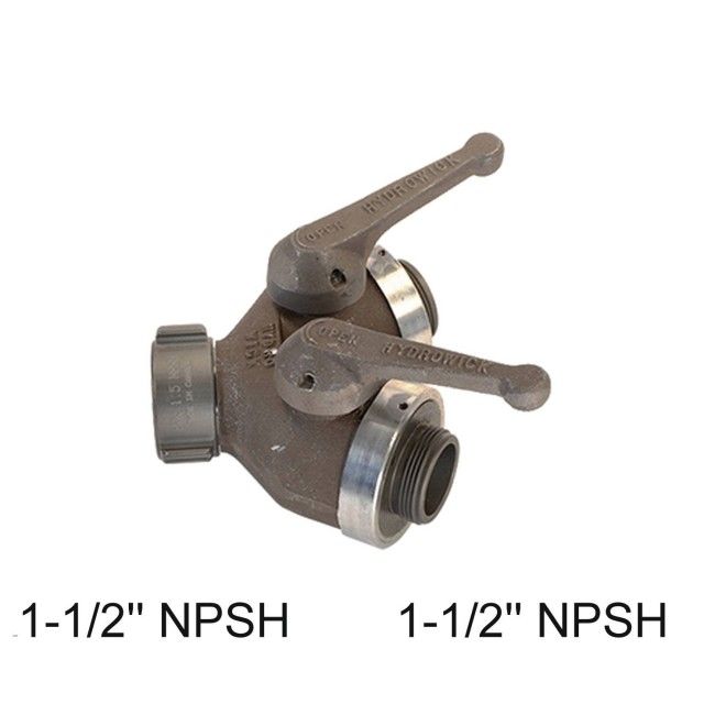 Gate-wye with individual control valve, 1-1/2'' female NPSH swivel inlet to two 1-1/2'' male NPSH outlets Gate-wye with individual control valve, 1-1/2'' female NPSH swivel inlet to two 1-1/2'' male NPSH outlets