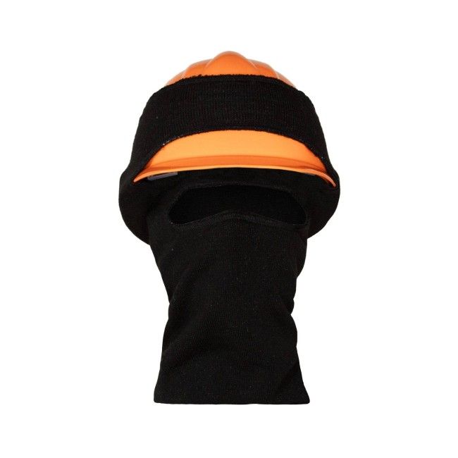 Black acrylic knit balaclava designed for safety helmets to keep head, face and neck warm, sold individually Black acrylic knit balaclava designed for safety helmets to keep head, face and neck warm, sold individually