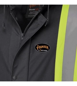 Waterproof, flame-retardant, black low-visibility safety coat, model 5894BK Pioneer Flame-Gard, sizes XS to 4 XL