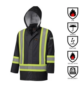 Manteau de sécurité noir, imperméable, ignifuge et de basse visibilité, modèle 5894BK Pioneer Flame-Gard, grandeurs XS à 4XL