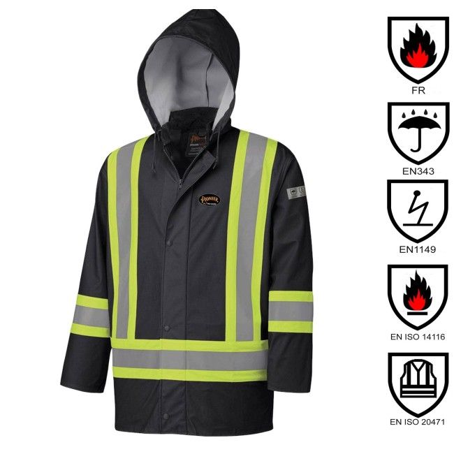 Manteau de sécurité noir, imperméable, ignifuge et de basse visibilité, modèle 5894BK Pioneer Flame-Gard, grandeurs XS à 4XL Manteau de sécurité noir, imperméable, ignifuge et de basse visibilité, modèle 5894BK Pioneer Flame-Gard, grandeurs XS à 4XL