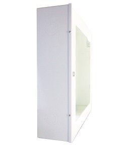 Surface-mounted cabinet for fire hose of 75 to 100 ft and fire extinguisher of 5 or 10 lbs.