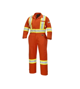 Women's 100% flame-resistant orange safety coverall, HRC 2, with high-visibility reflective stripes