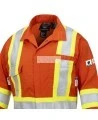 Women's 100% flame-resistant orange safety coverall, HRC 2, with high-visibility reflective stripes