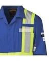 Blue 100% flame-resistant cotton safety coverall, ARC 2, with high-visibility reflective stripes