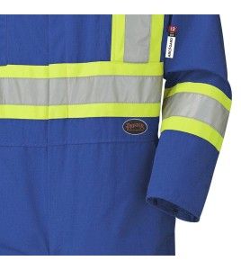 Blue 100% flame-resistant cotton safety coverall, ARC 2, with high-visibility reflective stripes