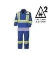 Blue 100% flame-resistant cotton safety coverall, ARC 2, with high-visibility reflective stripes