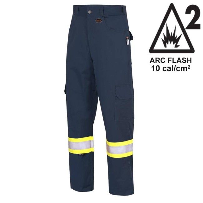 Pantalon cargo ignifugé Pioneer FR-tech 7 oz, Arc 2, modèle 7764, bleu marine, bandes haute visibilité, en grandeurs variées Pantalon cargo ignifugé Pioneer FR-tech 7 oz, Arc 2, modèle 7764, bleu marine, bandes haute visibilité, en grandeurs variées