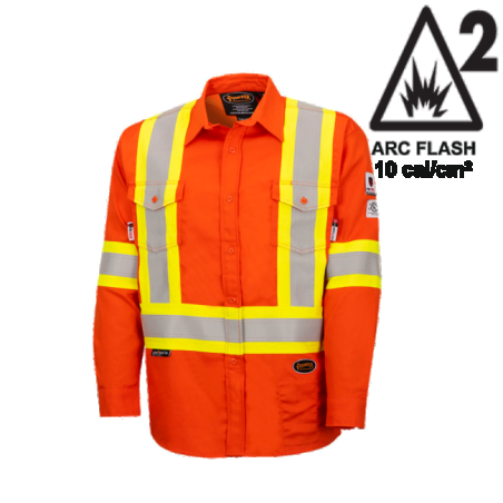 Safety shirt, orange Hi-vis, FR-TECH 7 oz fireproof, size small to 4XL, Pioneer V2540460, model 7743, sold by unit